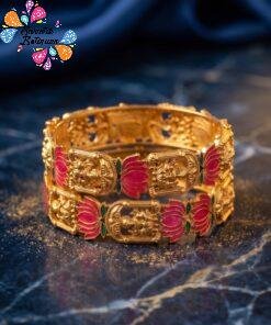 Pink And Green Mixed Lotus With Lakshmi Designer Matte Finished Bangles