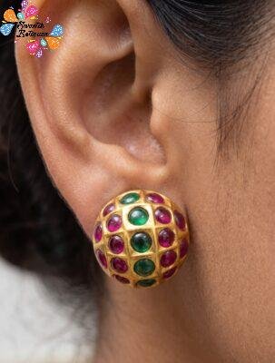 Pink And Green Stone Mixed  Designer Stud Type Matte Finished Earrings