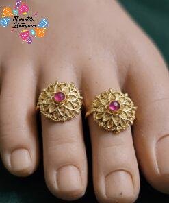 Floral Designer With Pink Stone Matte Finished Toe Rings
