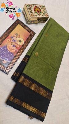 Premium Olive Green  With Black Border  Kanchi Cotton Sarees with Rich Pallu