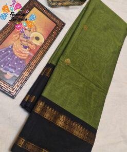 Premium Olive Green  With Black Border  Kanchi Cotton Sarees with Rich Pallu
