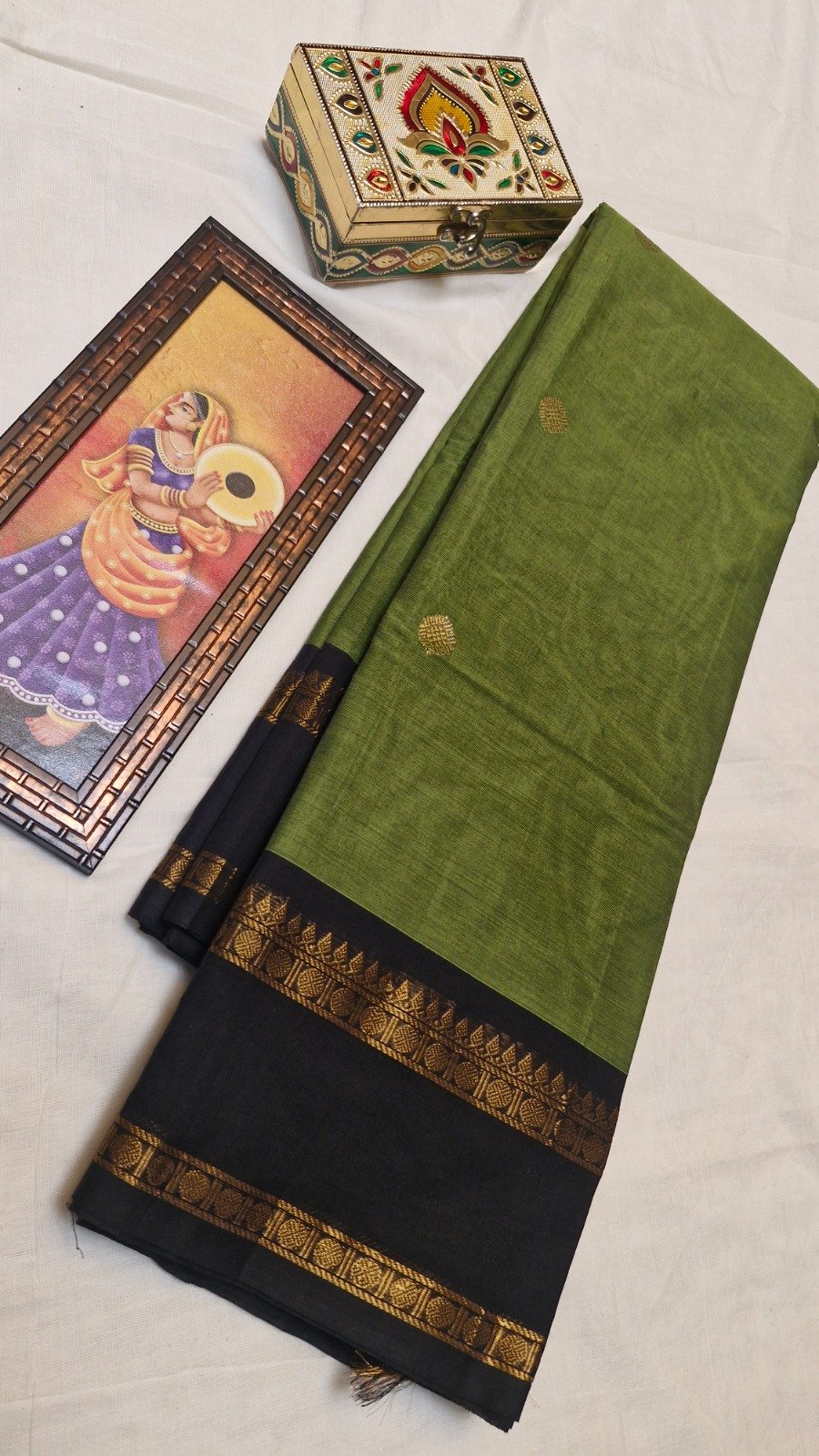 Premium Olive Green  With Black Border  Kanchi Cotton Sarees with Rich Pallu