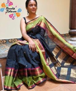 Premium Black With Olive Green And Pink Mixed Border Kanchi Cotton Sarees with Rich Pallu