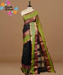 Alternative view of Premium Black With Olive Green And Pink Mixed Border Kanchi Cotton Sarees with Rich Pallu