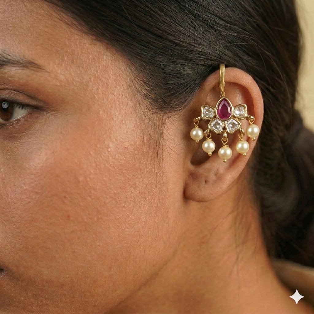 Flower Designer Pink And White Stone Mixed Bagudi Earrings Flower Designer Pink And White Stone Mixed Bagudi Earrings