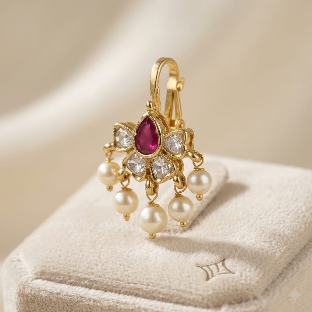 Flower Designer Pink And White Stone Mixed Bagudi Earrings Flower Designer Pink And White Stone Mixed Bagudi Earrings - Image 2
