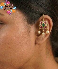 Flower Designer Pink And Green Stone With White Pearl Mixed Bagudi Earrings