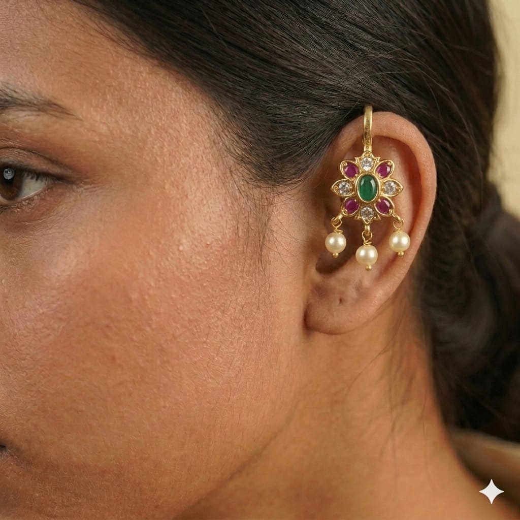 Flower Designer Pink And Green Stone With White Pearl Mixed Bagudi Earrings Flower Designer Pink And Green Stone With White Pearl Mixed Bagudi Earrings