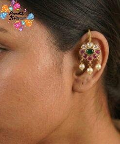 Flower Designer Pink And Green Stone With White Pearl Mixed Bagudi Earrings