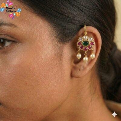 Flower Designer Pink And Green Stone With White Pearl Mixed Bagudi Earrings