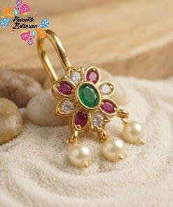 Flower Designer Pink And Green Stone With White Pearl Mixed Bagudi Earrings Flower Designer Pink And Green Stone With White Pearl Mixed Bagudi Earrings