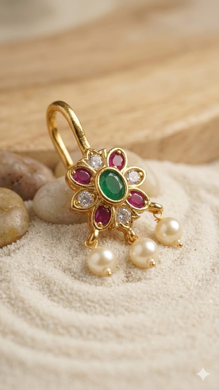 Flower Designer Pink And Green Stone With White Pearl Mixed Bagudi Earrings Flower Designer Pink And Green Stone With White Pearl Mixed Bagudi Earrings - Image 2