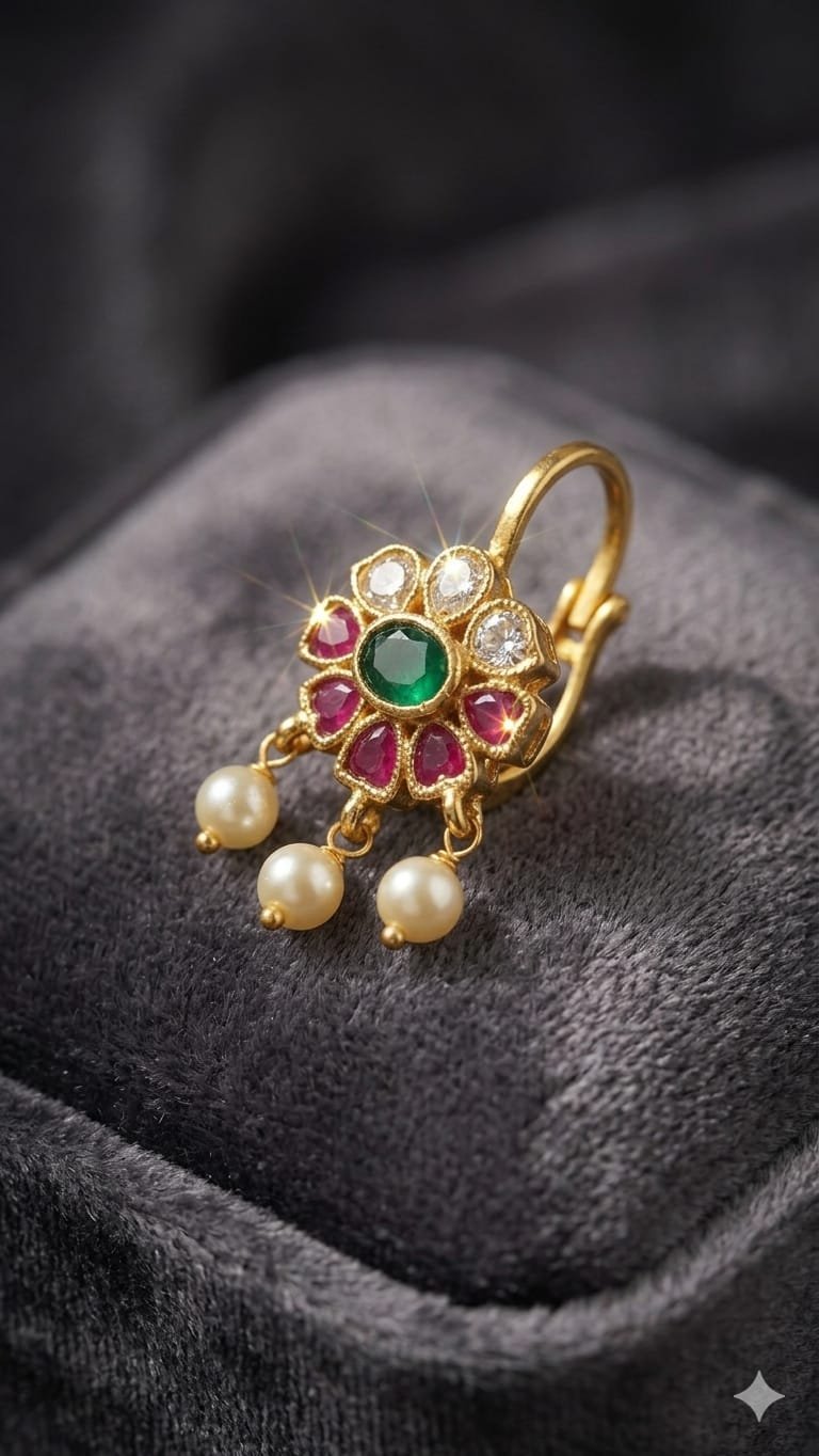 Flower Designer Pink And Green Stone With White Pearl Mixed Bagudi Earrings Flower Designer Pink And Green Stone With White Pearl Mixed Bagudi Earrings - Image 3