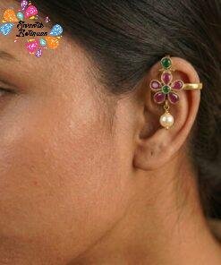 Flower Designer Pink And Green Stone With White Pearl Mixed Bagudi Earrings
