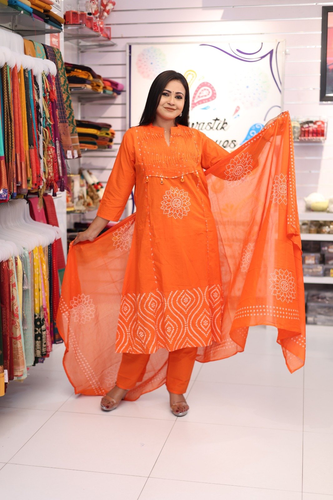 Floral Designer Orange And White Ready Made Shalwar Suit Floral Designer Orange And White Ready Made Shalwar Suit - Image 4