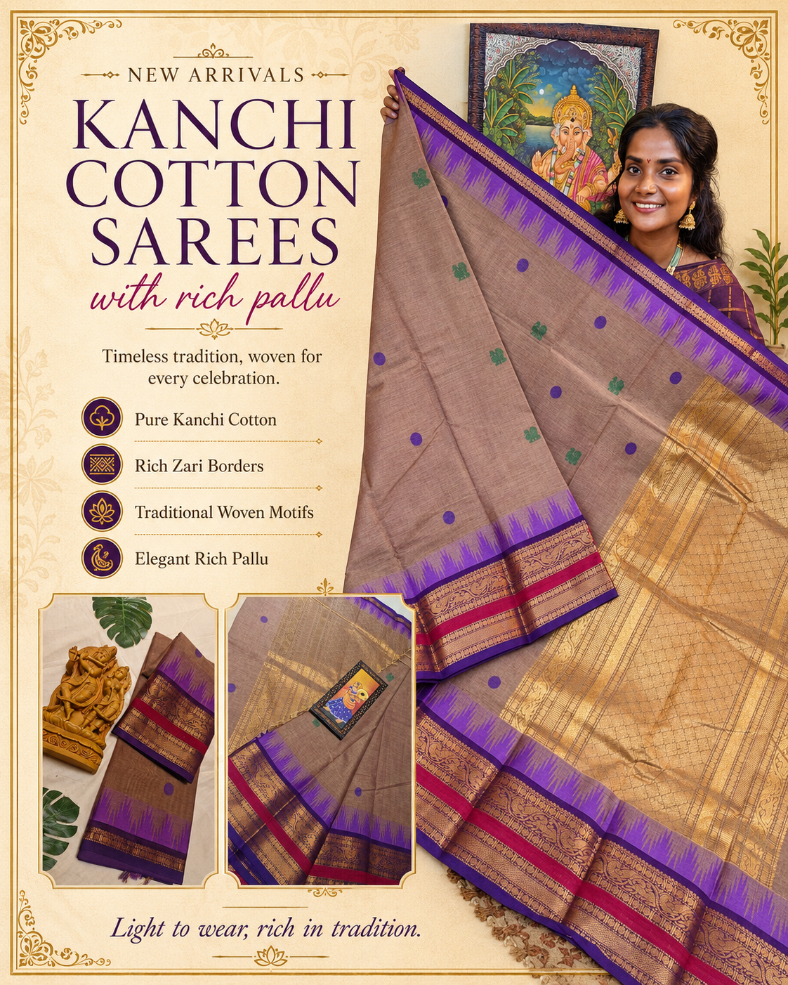 Premium Mocha Beige With Deep Purple Antique Gold Zari Border 120 Count Kanchi Cotton Saree with Rich Pallu Kanchi Cotton