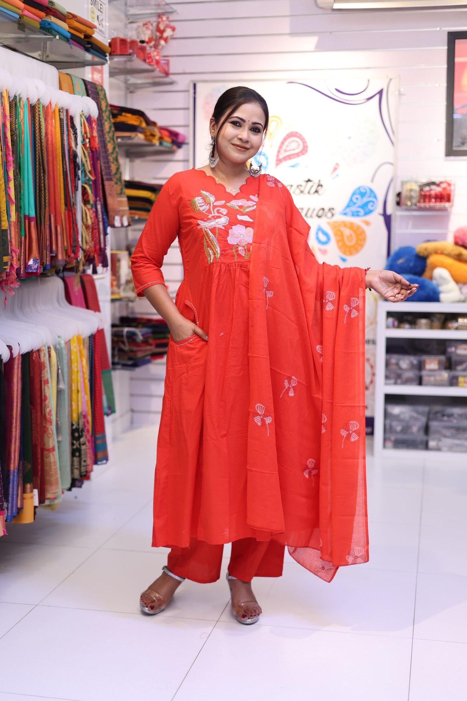 Floral Designer Rust Red Ready Made Shalwar Suit Floral Designer Rust Red Ready Made Shalwar Suit