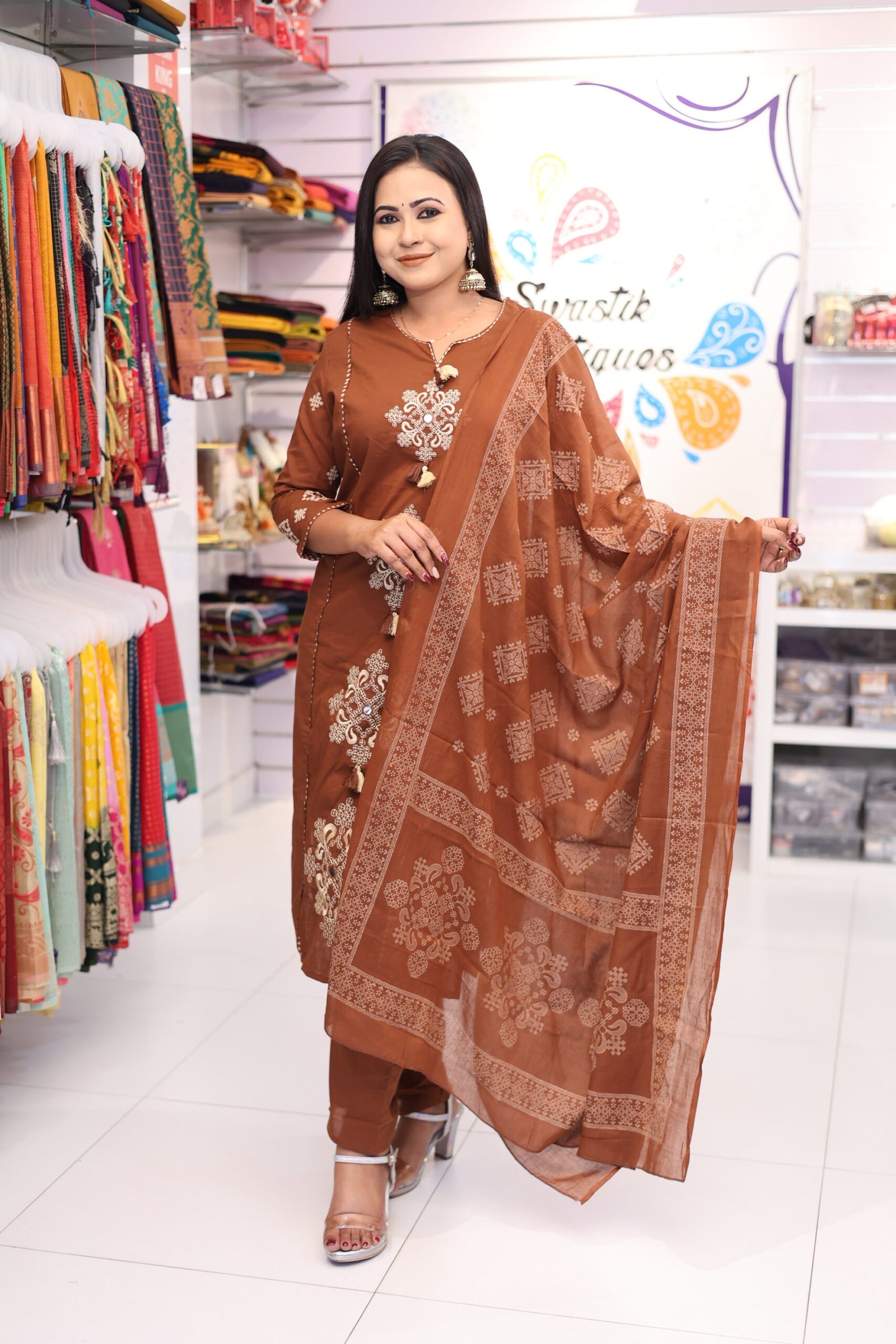 Flower Designer Rust Brown Ready Made Shalwar Suit Flower Designer Rust Brown Ready Made Shalwar Suit