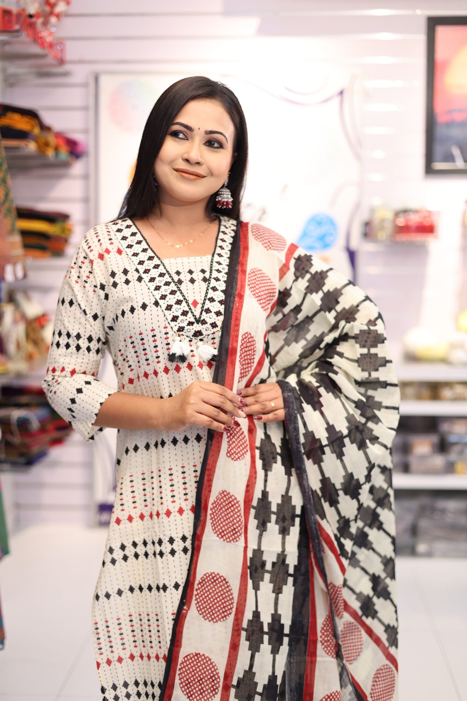 Floral Designer White And Black With Red Mixed Ready Made Shalwar Suit Floral Designer White And Black With Red Mixed Ready Made Shalwar Suit - Image 6