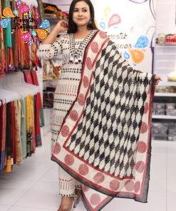 Floral Designer White And Black With Red Mixed Ready Made Shalwar Suit Floral Designer White And Black With Red Mixed Ready Made Shalwar Suit