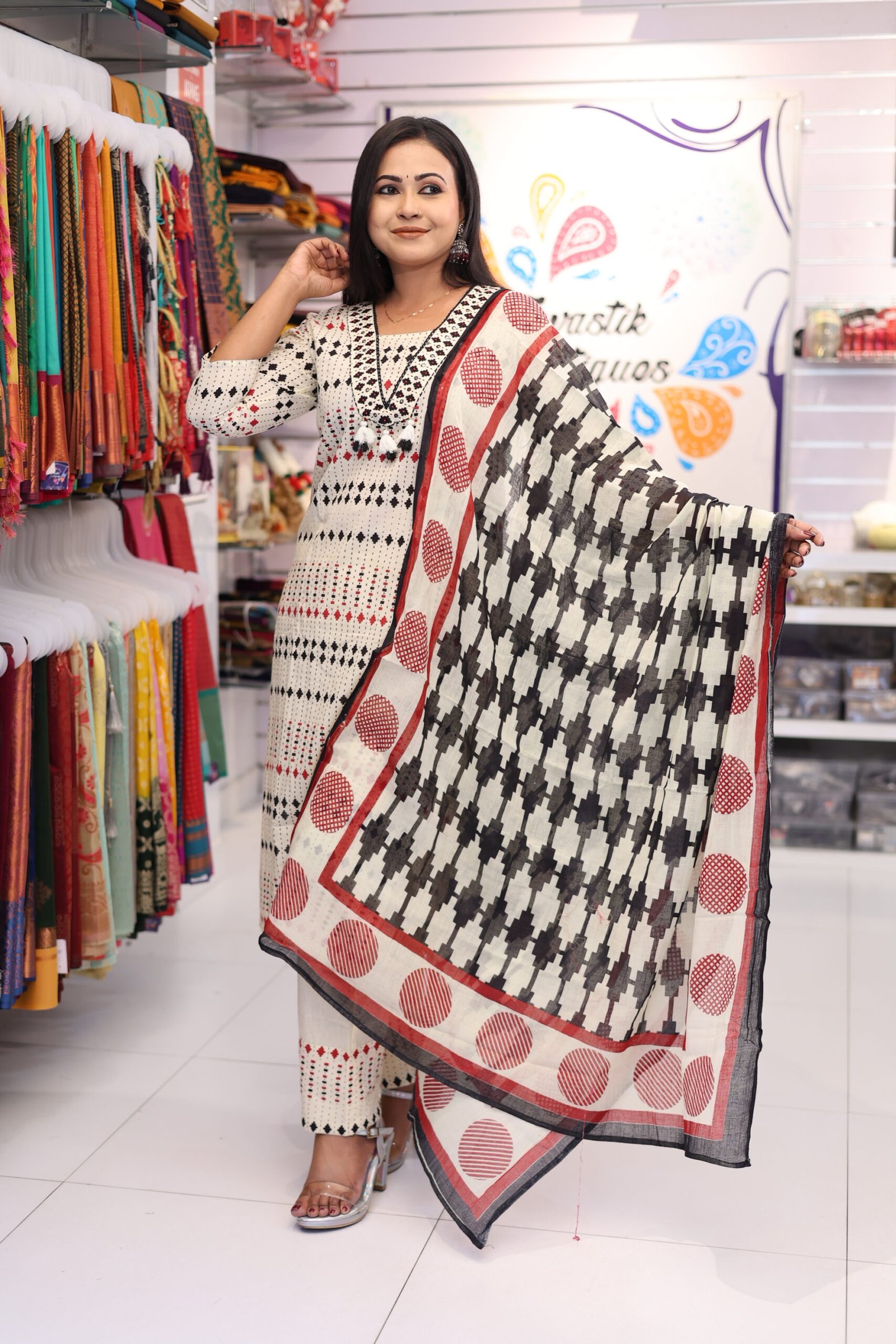 Floral Designer White And Black With Red Mixed Ready Made Shalwar Suit Floral Designer White And Black With Red Mixed Ready Made Shalwar Suit - Image 3