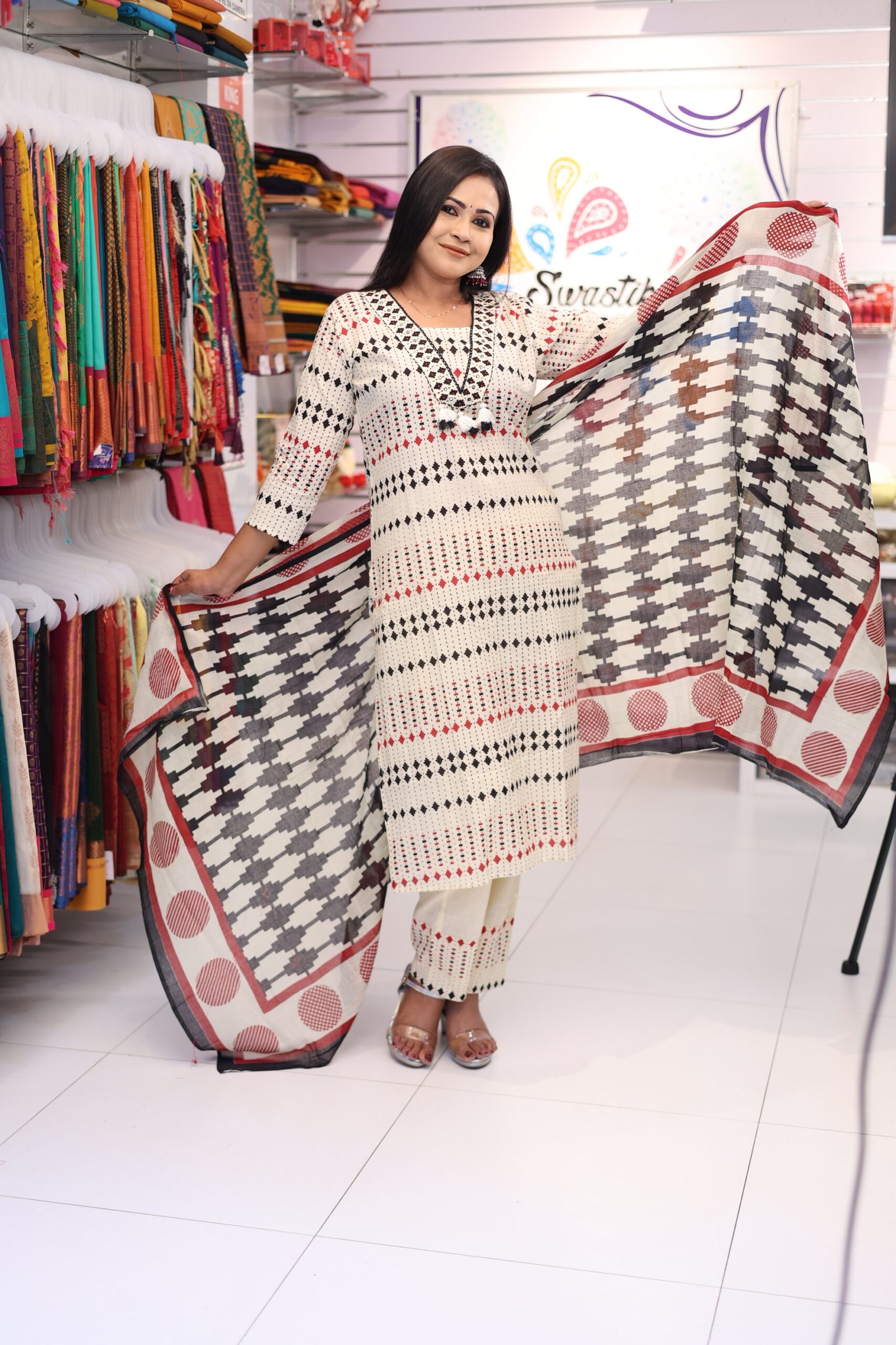 Floral Designer White And Black With Red Mixed Ready Made Shalwar Suit Floral Designer White And Black With Red Mixed Ready Made Shalwar Suit - Image 2