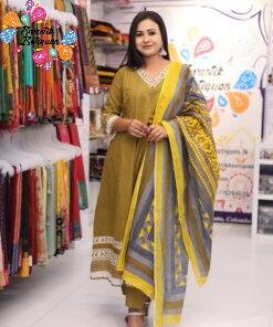 Floral Designer Olive Green And White Ready Made Shalwar Suit