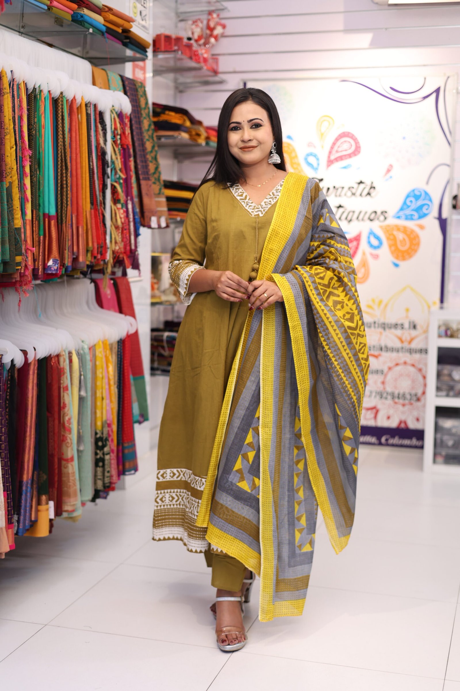 Floral Designer Olive Green And White Ready Made Shalwar Suit Floral Designer Olive Green And White Ready Made Shalwar Suit
