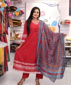 Floral Designer Deep Raspberry Wine And White Ready Made Shalwar Suit