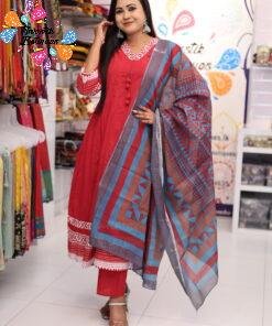 Floral Designer Deep Raspberry Wine And White Ready Made Shalwar Suit