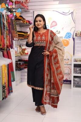 Floral Designer Black And Rust Brown  Ready Made Shalwar Suit