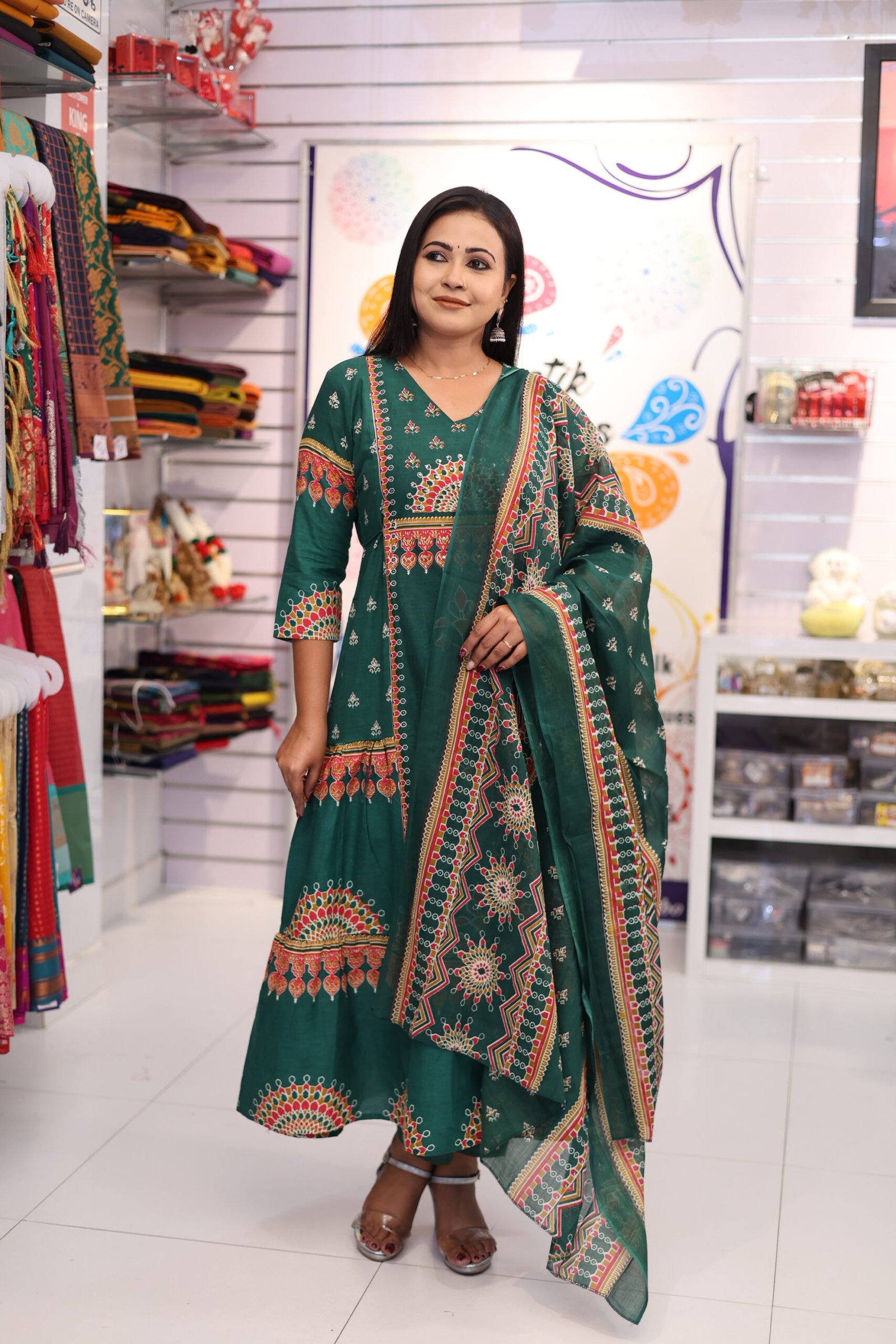 Floral Designer Dark Green Ready Made Shalwar Suit Floral Designer Dark Green Ready Made Shalwar Suit - Image 2
