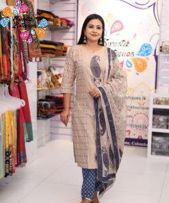 Floral Designer Beige And Blue Ready Made Shalwar Suit