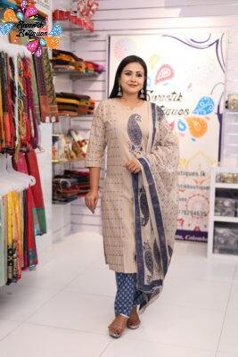 Floral Designer Beige And Blue Ready Made Shalwar Suit