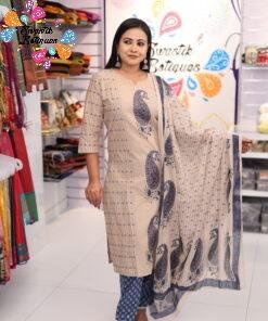 Floral Designer Beige And Blue Ready Made Shalwar Suit