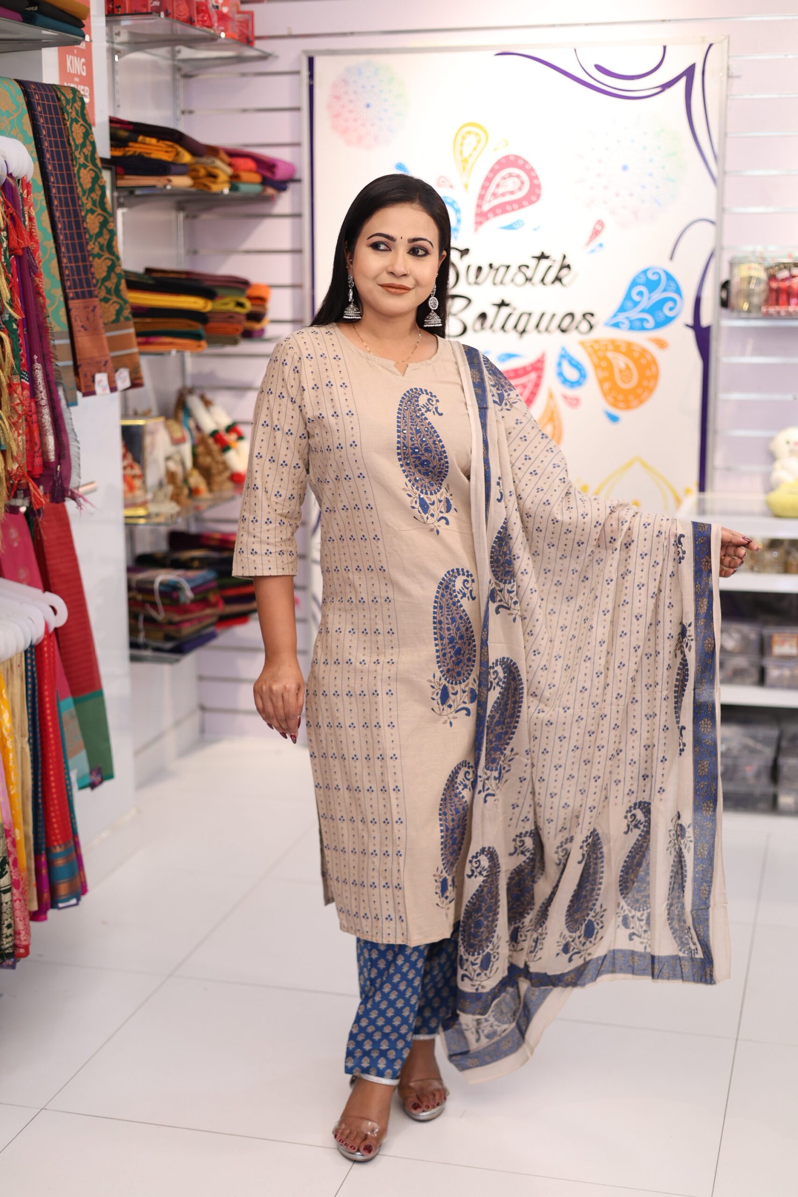 Floral Designer Beige And Blue Ready Made Shalwar Suit Floral Designer Beige And Blue Ready Made Shalwar Suit - Image 3
