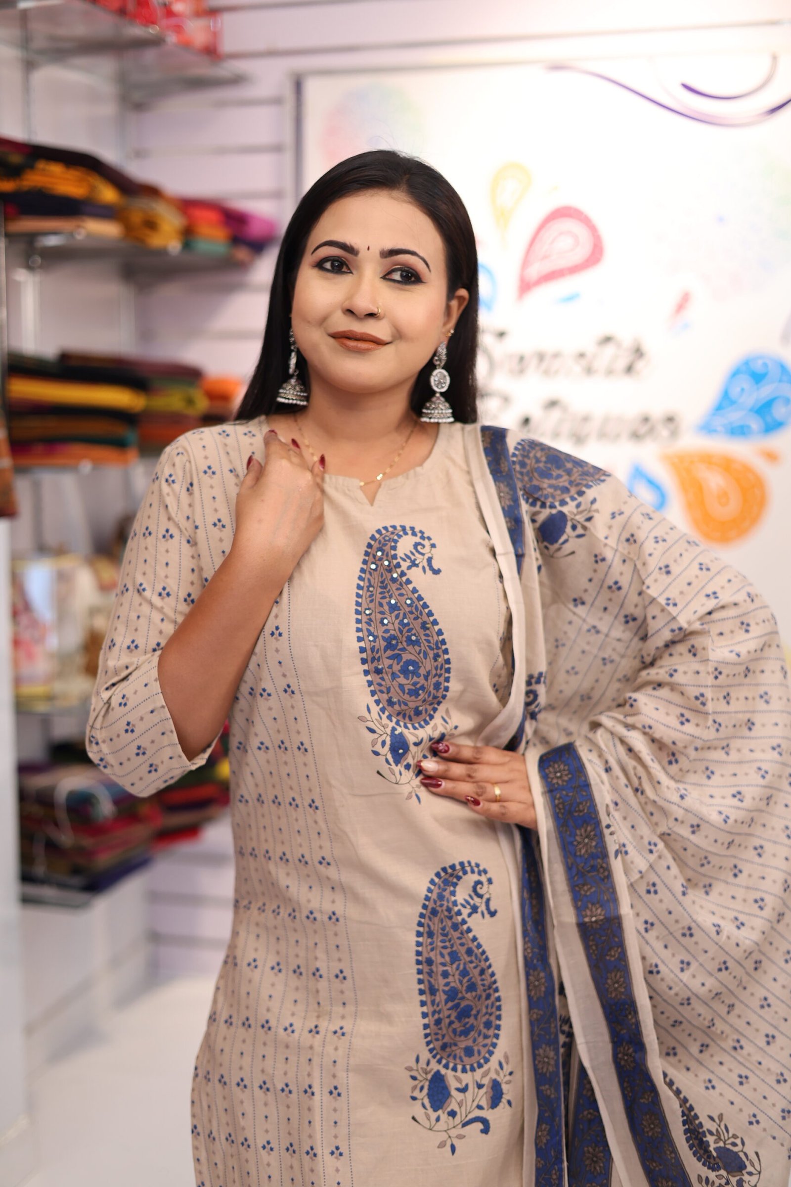 Floral Designer Beige And Blue Ready Made Shalwar Suit Floral Designer Beige And Blue Ready Made Shalwar Suit - Image 4