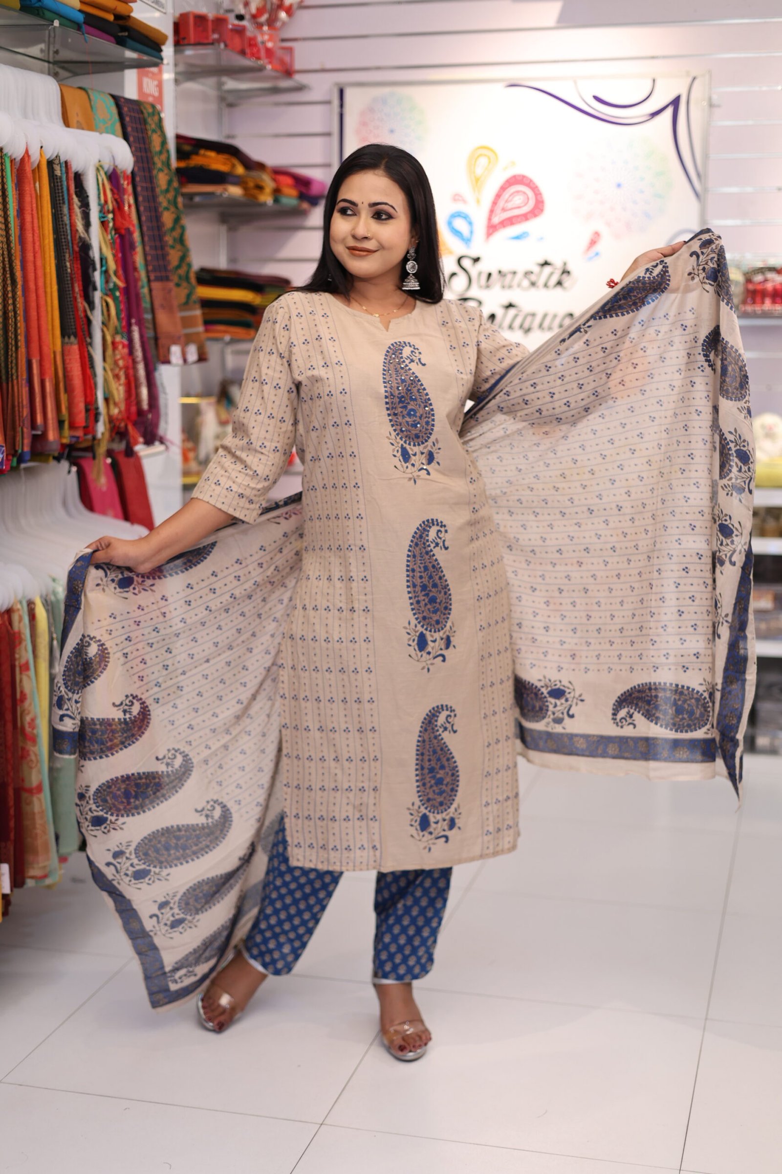 Floral Designer Beige And Blue Ready Made Shalwar Suit Floral Designer Beige And Blue Ready Made Shalwar Suit - Image 2