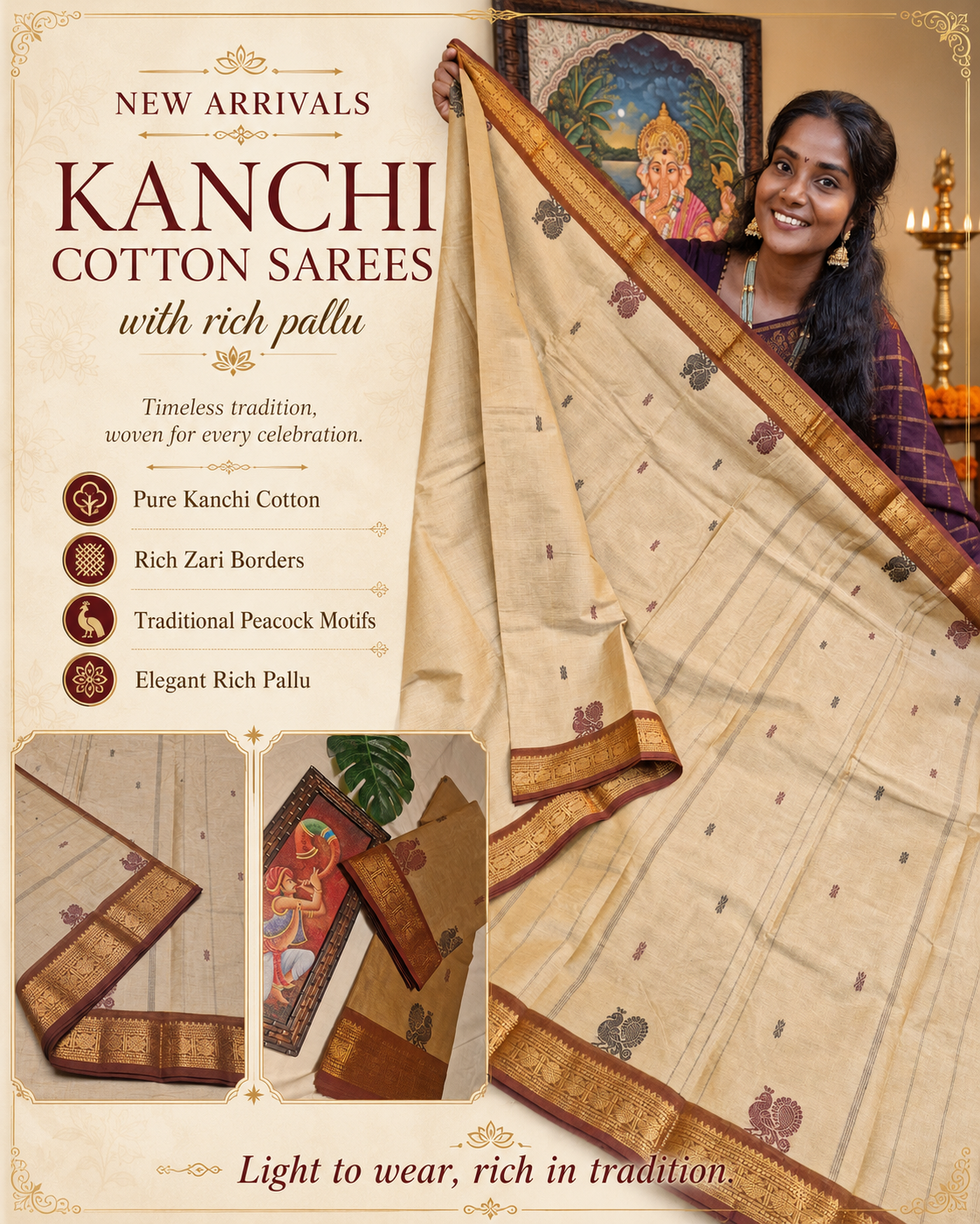 Premium Muted Camel Beige With Deep Rust Maroon Border Kanchi Cotton Saree with Rich Pallu Kanchi Cotton