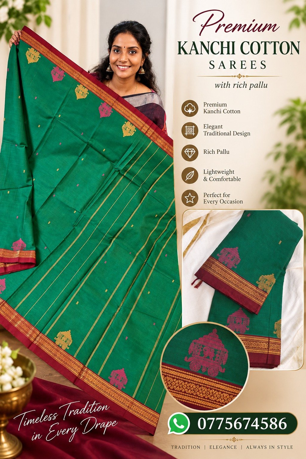 Temple Chariot Motifs Designer Green And Maroon Border Premium Kanchi Cotton Saree with Rich Pallu Temple Chariot Motifs Designer Green And Maroon Border Premium Kanchi Cotton Saree with Rich Pallu