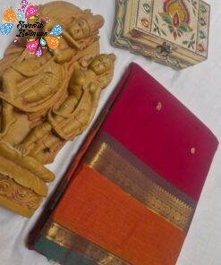 Premium Deep Rani Pink With Bottle Green with Antique Gold Zari Border 120 Count Kanchi Cotton Saree with Rich Pallu