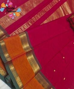 Premium Deep Rani Pink With Bottle Green with Antique Gold Zari Border 120 Count Kanchi Cotton Saree with Rich Pallu Premium Deep Rani Pink With Bottle Green with Antique Gold Zari Border 120 Count Kanchi Cotton Saree with Rich Pallu