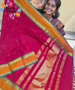 Premium Deep Rani Pink With Bottle Green with Antique Gold Zari Border 120 Count Kanchi Cotton Saree with Rich Pallu