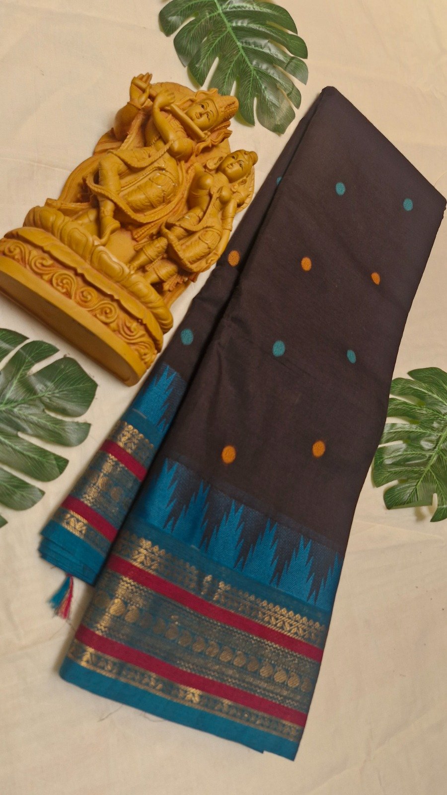 Premium Dark Chocolate Brown With Peacock Blue Antique Gold Zari Border 120 Count Kanchi Cotton Saree with Rich Pallu Premium Dark Chocolate Brown With Peacock Blue Antique Gold Zari Border 120 Count Kanchi Cotton Saree with Rich Pallu - Image 2