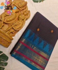 Premium Dark Chocolate Brown With Peacock Blue Antique Gold Zari Border 120 Count Kanchi Cotton Saree with Rich Pallu