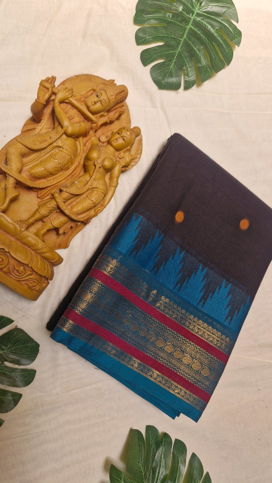 Premium Dark Chocolate Brown With Peacock Blue Antique Gold Zari Border 120 Count Kanchi Cotton Saree with Rich Pallu Premium Dark Chocolate Brown With Peacock Blue Antique Gold Zari Border 120 Count Kanchi Cotton Saree with Rich Pallu