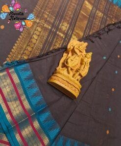 Premium Dark Chocolate Brown With Peacock Blue Antique Gold Zari Border 120 Count Kanchi Cotton Saree with Rich Pallu Premium Dark Chocolate Brown With Peacock Blue Antique Gold Zari Border 120 Count Kanchi Cotton Saree with Rich Pallu