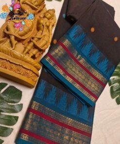 Premium Dark Chocolate Brown With Peacock Blue Antique Gold Zari Border 120 Count Kanchi Cotton Saree with Rich Pallu Premium Dark Chocolate Brown With Peacock Blue Antique Gold Zari Border 120 Count Kanchi Cotton Saree with Rich Pallu