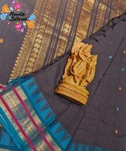 Premium Dark Chocolate Brown With Peacock Blue Antique Gold Zari Border 120 Count Kanchi Cotton Saree with Rich Pallu Premium Dark Chocolate Brown With Peacock Blue Antique Gold Zari Border 120 Count Kanchi Cotton Saree with Rich Pallu