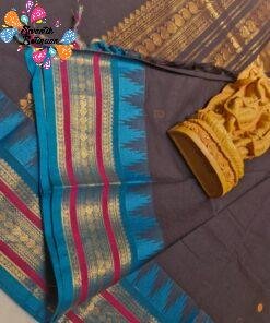 Premium Dark Chocolate Brown With Peacock Blue Antique Gold Zari Border 120 Count Kanchi Cotton Saree with Rich Pallu Premium Dark Chocolate Brown With Peacock Blue Antique Gold Zari Border 120 Count Kanchi Cotton Saree with Rich Pallu